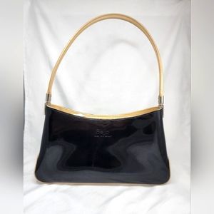 Beijo London Paris New York Black Patent & Tan Leather Shoulder Bag 12"X7"X2.5"